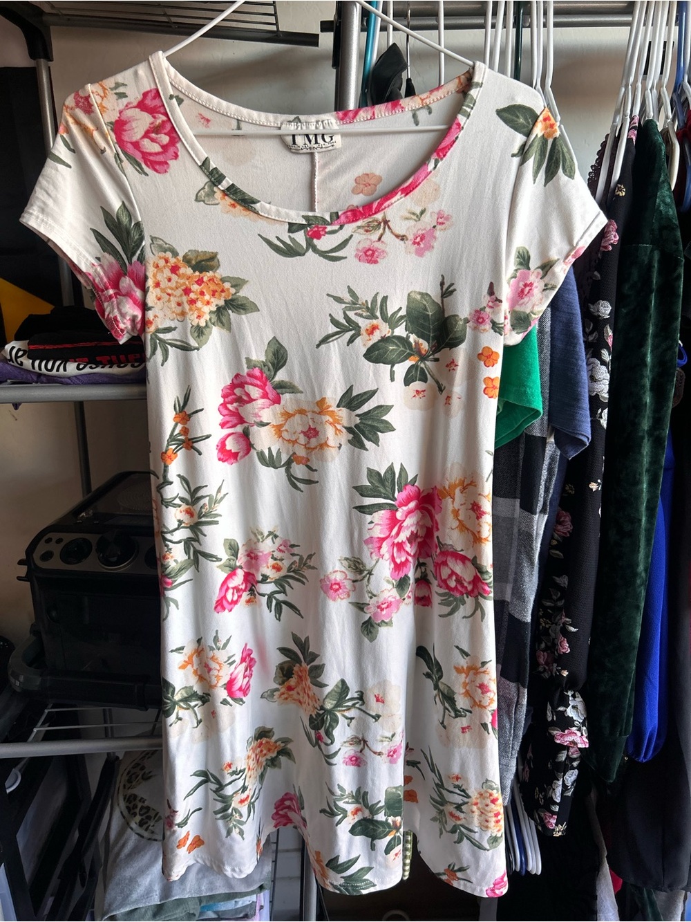 Women’s White Floral Maxi Dress with Pink Accents